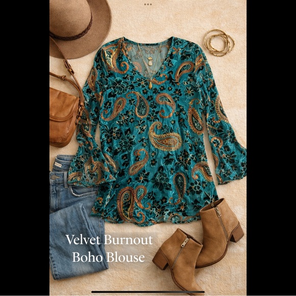 Velvet Burnout Boho Blouse Teal Paisley Tunic Festival Top S - Picture 2 of 16
